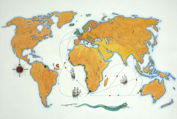 Wereldkaart die aangeeft met welke gebieden de VOC handel dreef