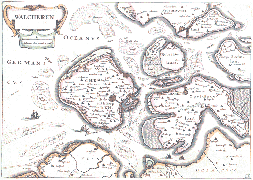 Kaart van Walcheren uit 1660, ook in de negentiende eeuw was Walcheren nog een eiland.